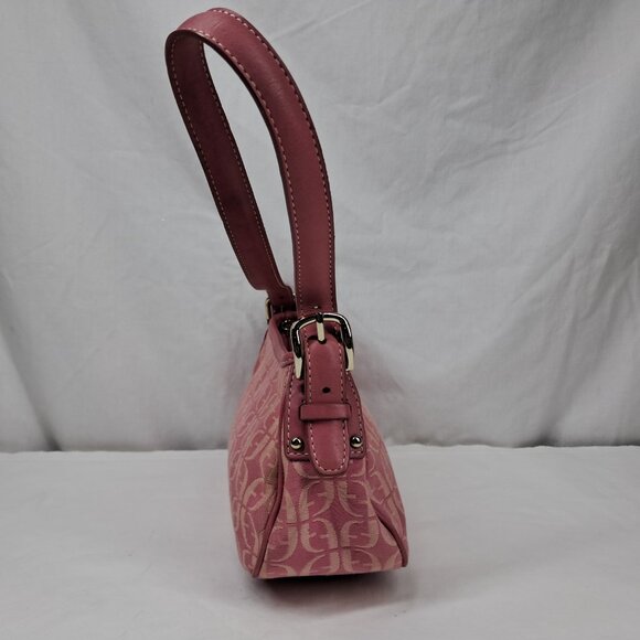 Vtg Fossil Pink Signature Jacquard Fabric Leather Trim Shoulder Demi Bag Purse - Picture 2 of 14